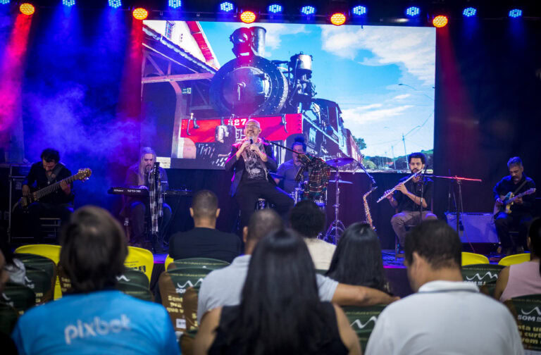 Performance musical ao vivo com banda e público em evento cultural.